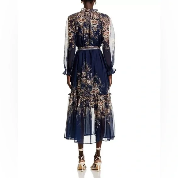 Nancy Yang Navy Floral Print Sheer Maxi Dress Ruffle Neck Size L NWT - Picture 3 of 8